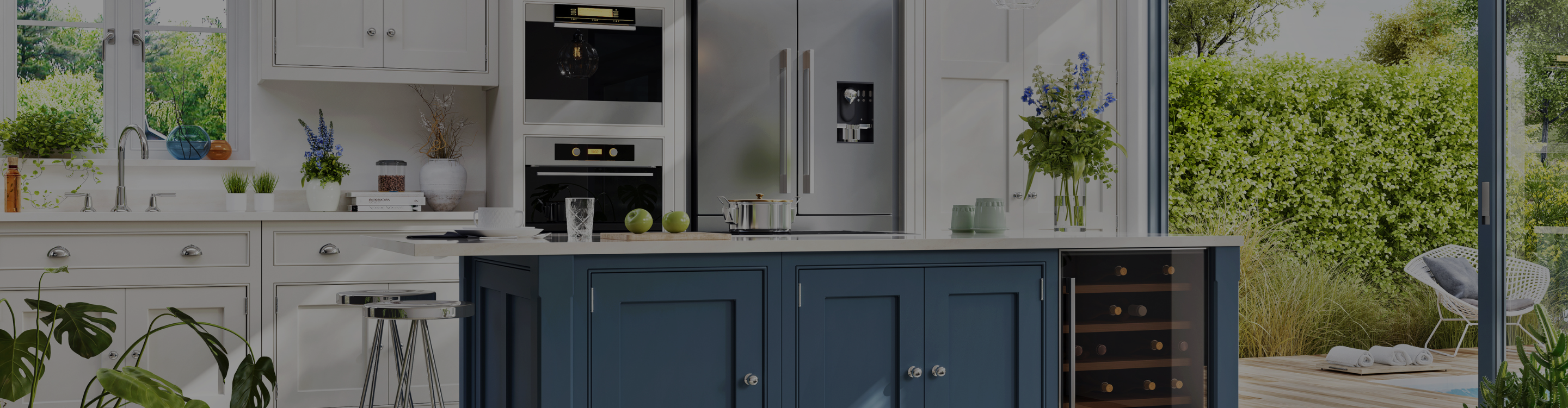 Slate and white cabinets in kitchen. 